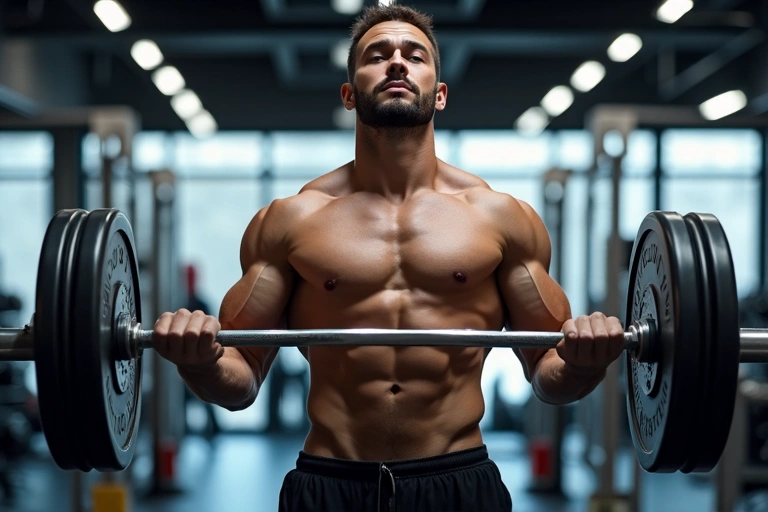 Hombre levantando pesas en un gimnasio moderno, enfocado en el desarrollo muscular y la fuerza.