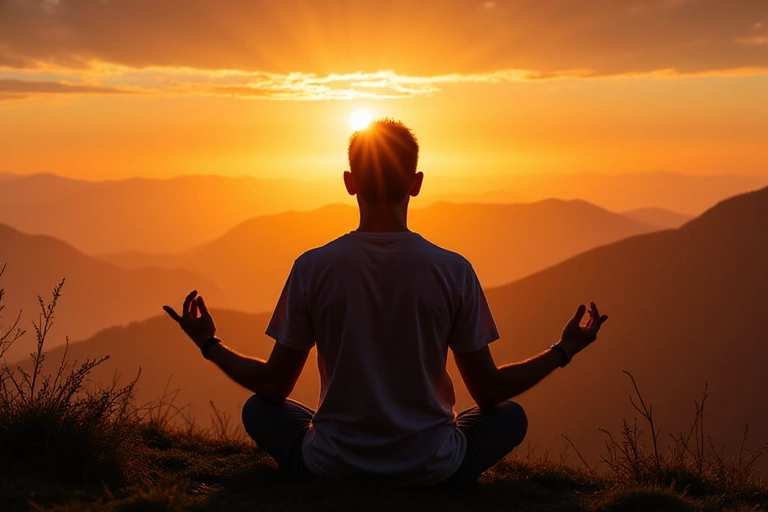 Hombre meditando al atardecer en un entorno natural, representando la calma mental y el bienestar integral.