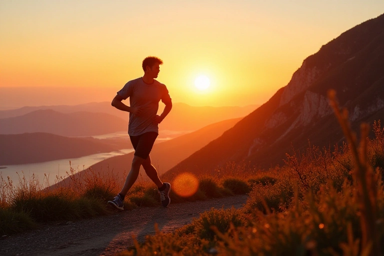 Hombre atlético corriendo en un sendero de montaña al amanecer, simbolizando vitalidad y resistencia. El sol ilumina su figura y el paisaje.