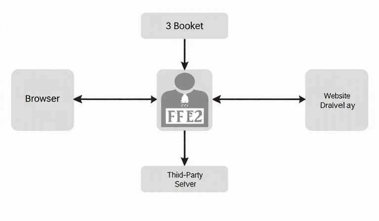 Gráfico de flujo de datos mostrando la interacción entre navegador, sitio web y servidores de terceros para cookies.